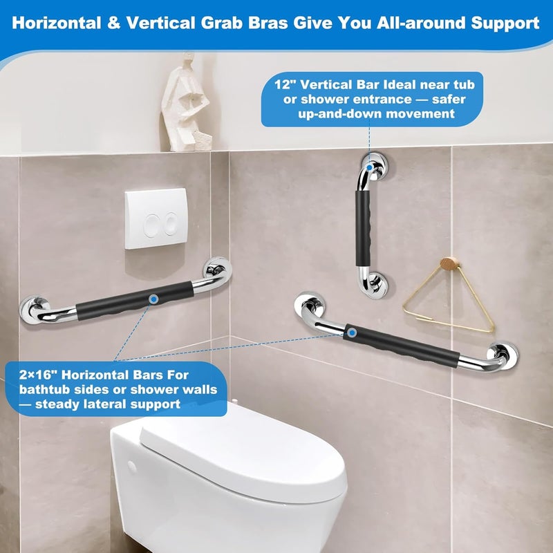 Tetutor 3 Pack Grab Bars for Bathtubs and Showers, 16-Inch and 12-Inch Anti-Slip Bathroom Shower Grab Bars for Seniors Wall, Safety Handicap Grab Bars Stainless Steel,Shower Handle for Elderly - Image 4